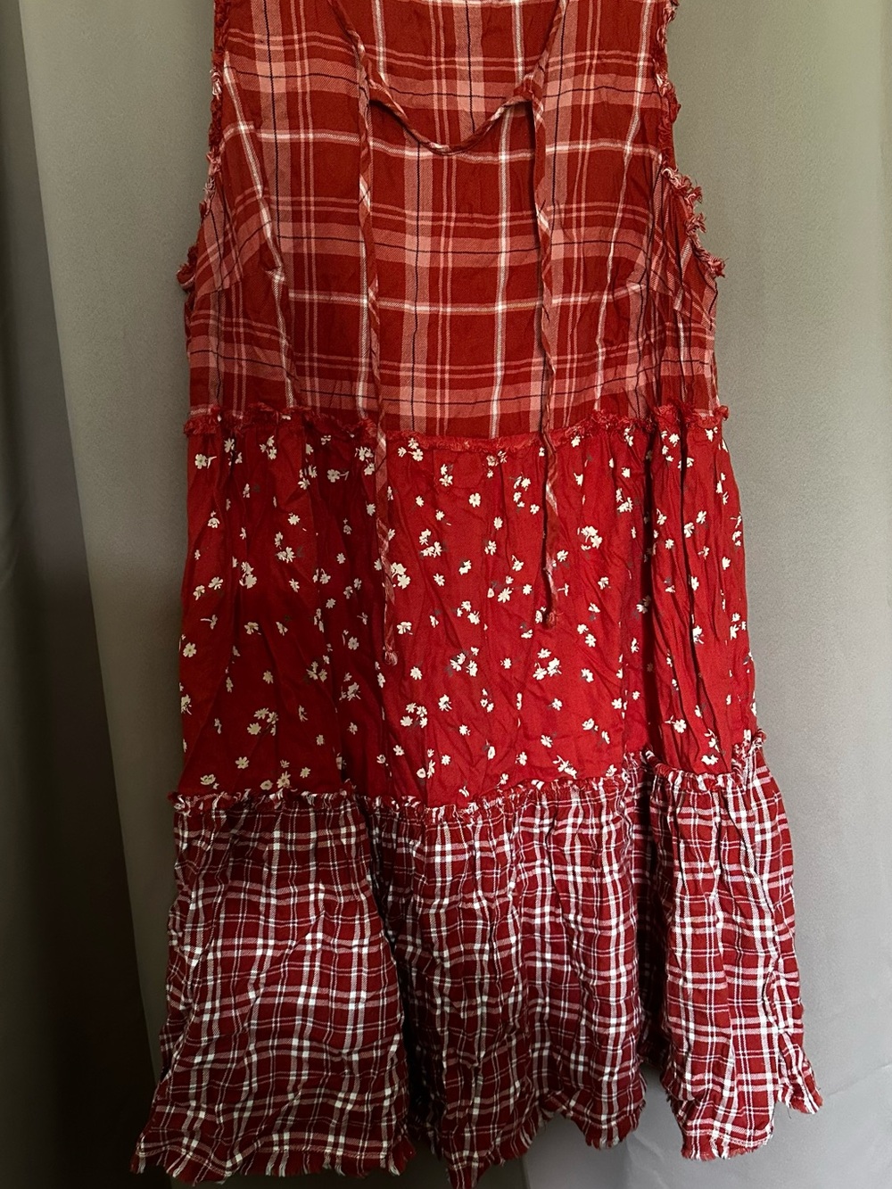 Red Woman’s Tiered Plaid & Floral Dress